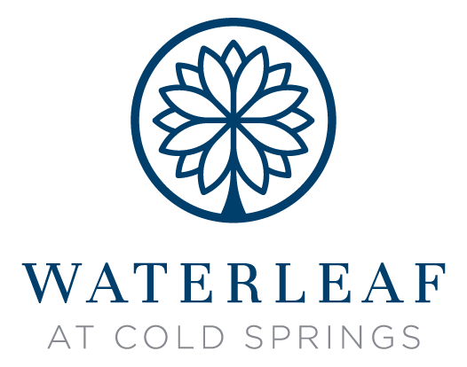 a blue and white logo that reads waterleaf at cold springs